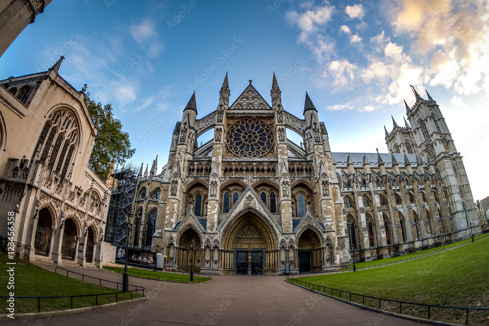 Wide angle view of Westminster Abbey at sunset