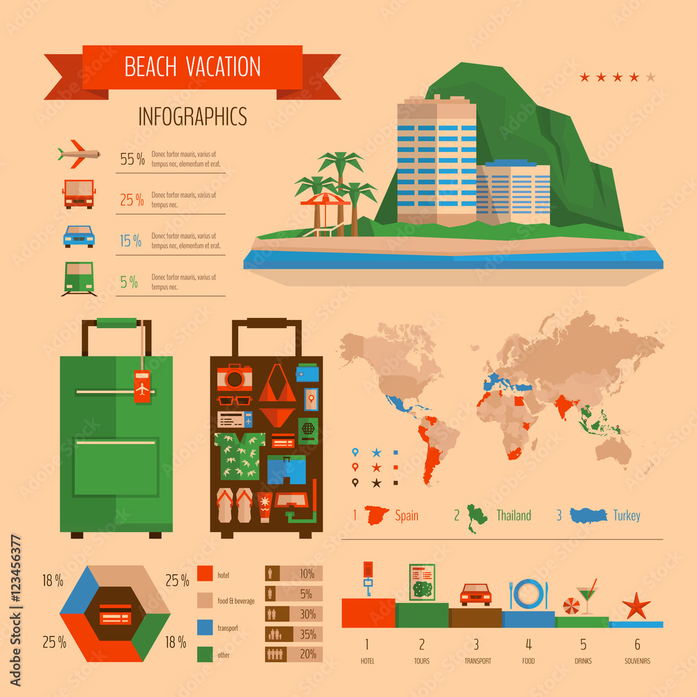 Beach vacation infographics. Summer travel and tourism planning.
