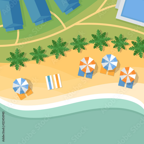 Top view of a tropical beach. Palm trees, umbrellas and lounge chairs on the beachfront. Summer holiday. Vector Illustration, flat design style.