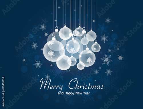 Christmas and New Year blue vector card with transparent Christmas balls