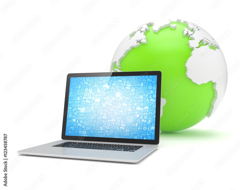 Laptop network and earth globe. 3d render Laptop network and earth globe. 3d render