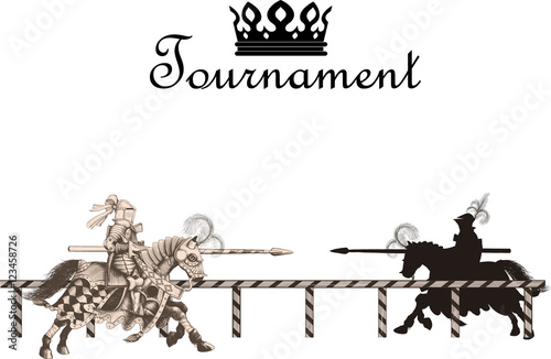Knigtwo knights galloping on horseback at jousting tournament to meet the enemy with spears on the edgeht Medieval Tournament