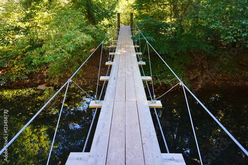 Fototapeta Naklejka Na Ścianę i Meble -  Small wood pedestrian suspension bridge with steel cables