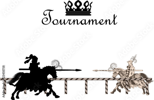 Knigtwo knights galloping on horseback at jousting tournament to meet the enemy with spears on the edgeht Medieval Tournament