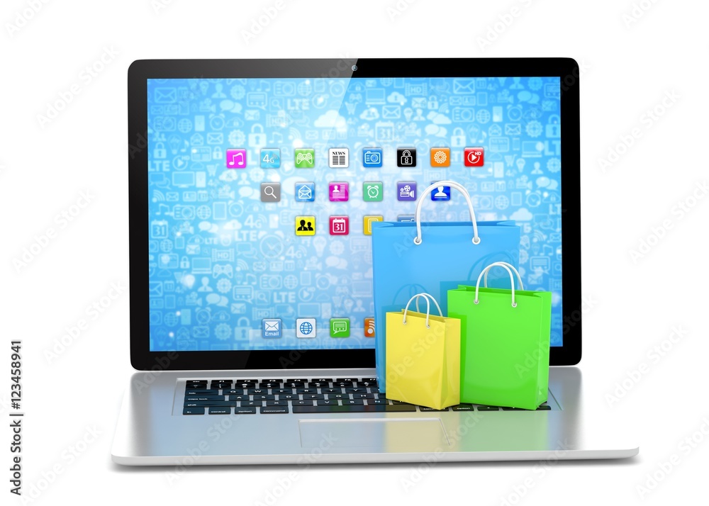laptop and shopping pags on white background. 3d rendering. laptop and shopping pags on white background. 3d rendering.