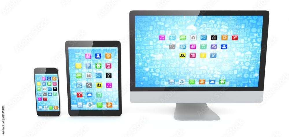 Responsive web design, laptop, smartphone, tablet, computer, display. 3d rendering.