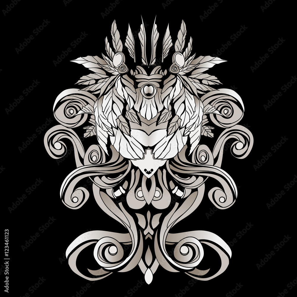 dark patterns in the style of shamans with feathers and leaves dark patterns in the style of shamans with feathers and leaves