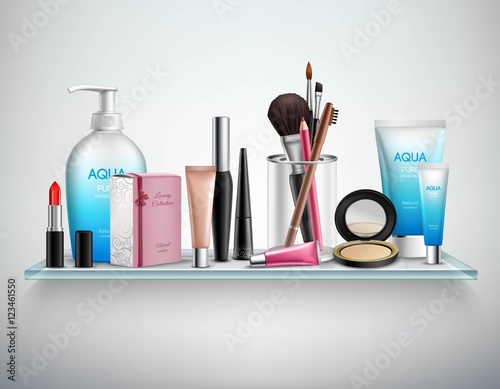 Makeup Cosmetics Accessories Shelf  Realistic Image 