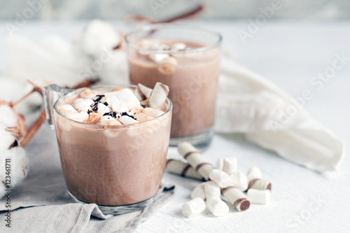 Two glass cups of hot cocoa served with marshmallow – close up