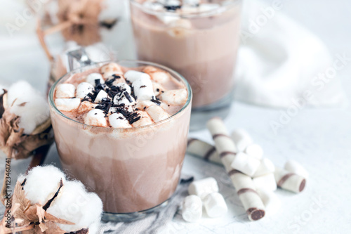 Two glass cups of hot cocoa served with marshmallow – close up