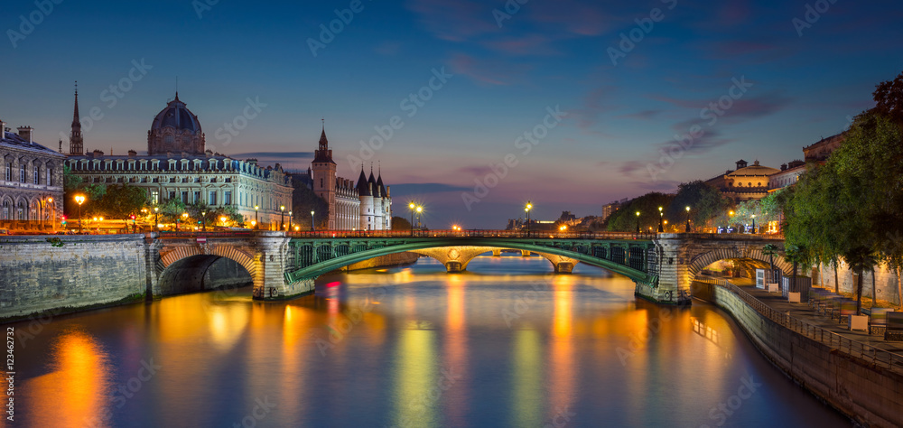 Fototapeta premium Paris Panorama. Panoramic image of Paris riverside during twilight blue hour.