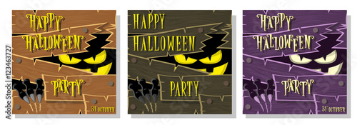 Set of Happy Halloween banner: monster with scary eyes broken wooden wall from boards and looks out of darkness. Vector illustration in cartoon style. Concept poster, flyer or cards on holiday party.