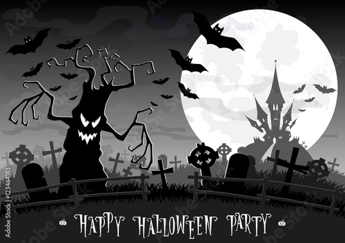 Halloween background. Monsters trees on old cemetery backdrop on scary castle  moon  bats and graves. Concept for banner  poster  flyer  cards or invites on party. Cartoon style. Vector illustration