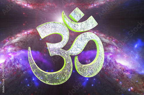 Hindu word reading Om or Aum symbol on space background, 3D illustration. It is a spiritual icon and a sacred sound in Indian religions, a mantra in Hinduism, Buddhism and Jainism photo