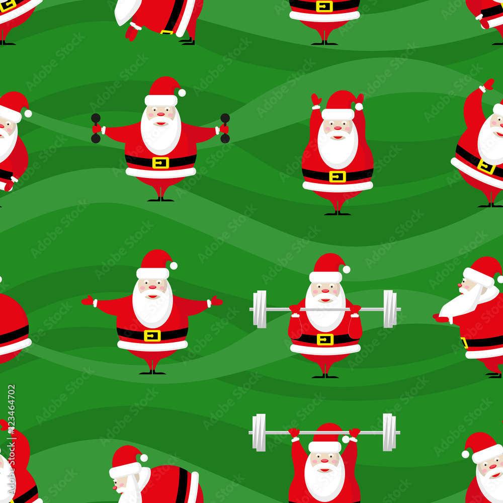Seamless Happy New Year and Merry Christmas background funny sportsman Santa Claus does morning exercises in different poses. Vector illustration