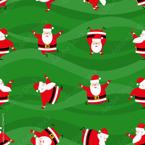 Seamless Happy New Year and Merry Christmas background dancing funny Santa Claus in different poses. Vector illustration