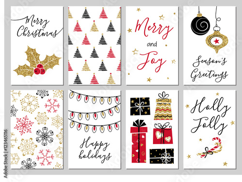 Christmas greeting card set. Gold, black, red, white colors. Gift tags with gold glitter texture. Snowflakes and Christmas tree patterns.