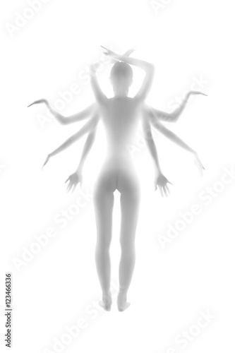 female naked silhouette with many hands on white background, blurred image photo