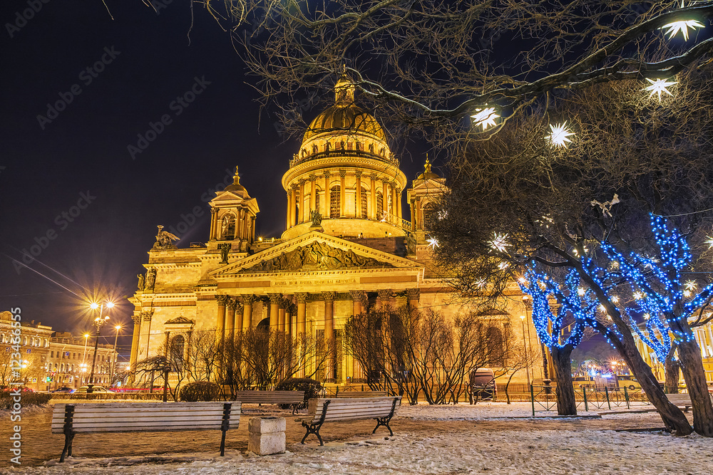 St. Isaac's Cathedral in St. Petersburg in the Christmas illumin