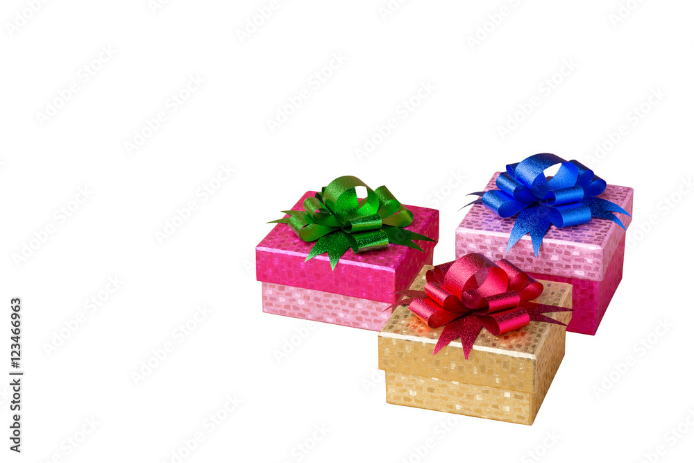 Obraz premium colored gift boxes with colored bows on isolated white backgroun