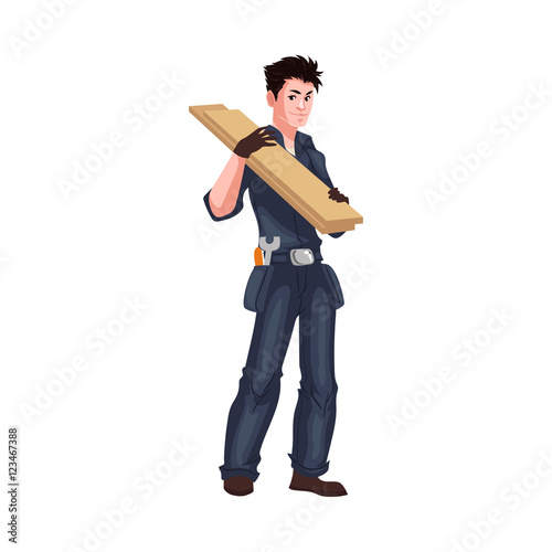 Full length portrait of young worker shouldering wooden boards, cartoon style vector illustration isolated on white background. Young worker or carpenter in blue uniform holding wooden boards