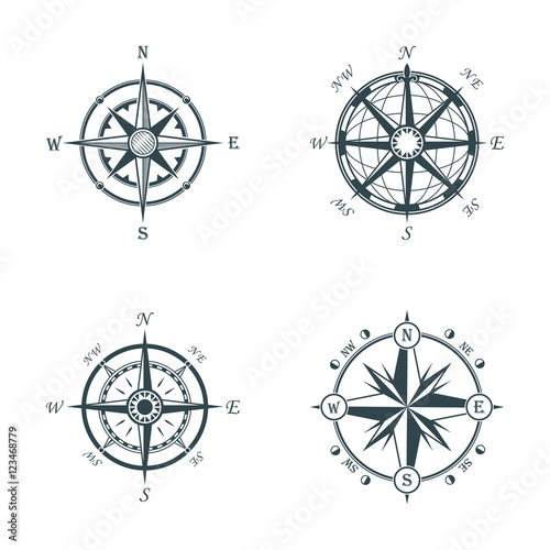 Set of vintage or old different style compasses