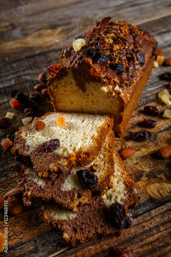 Marbled pound cake on a wooden board