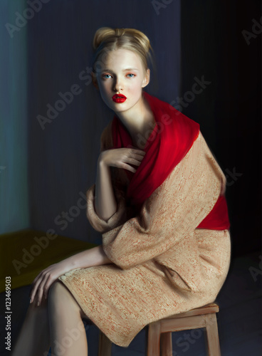 Woman wearing dress and red shawl sitting on stool (ID: 123469503)