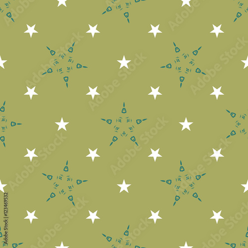 White and green stars geometric seamless pattern on lime background