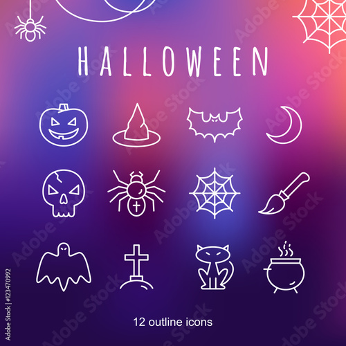 Set of Halloween outline icons. Vector Illustration. White outline icons on blur purple backdrop. Halloween Concept.