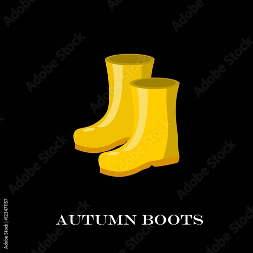 Pair of yellow rubber rain boots. Symbol garden wok or autumn and weather. Vector illustration.