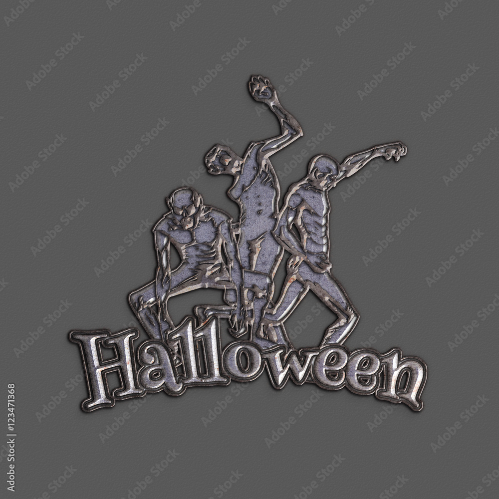 Zombie sticker. 3D illustration of zombies in different poses with Halloween red text. Emblem isolated on the grey background. Zombie Party Poster. Banner. Iron rust texture. Halloween Poster