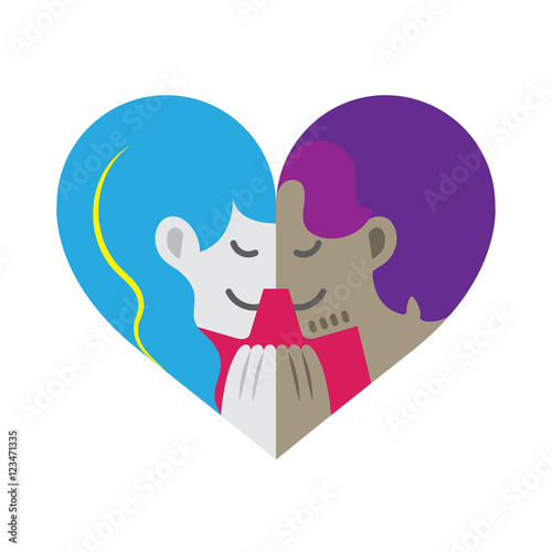 A couple facing each other forming a colorful heart shape