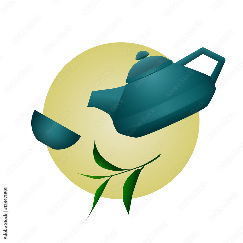 Illustration with teapot, cup and tea branch Illustration with teapot, cup and tea branch