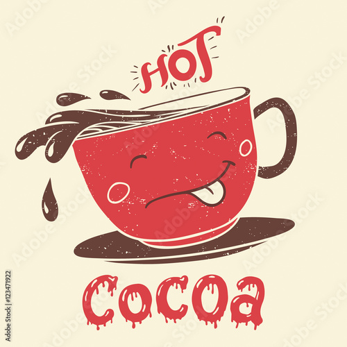 Funny cup of hot cocoa cartoon character with hand lettering. Hand drawn illustration for kids cafe menu