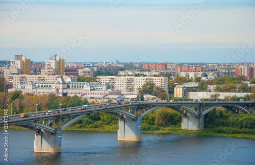 View of the modern city of Nizhny Novgorod, Volga River and the bridge