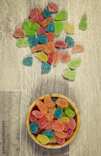 Gummy Bear Candy Colorful Background on wood