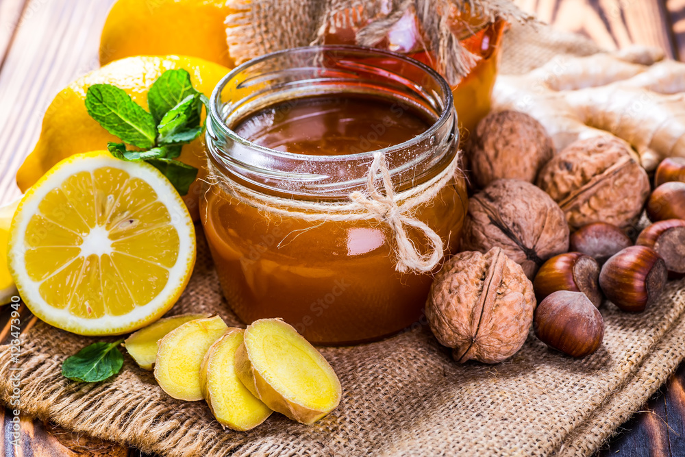 Honey with lemon and nuts. Honey with lemon and nuts.