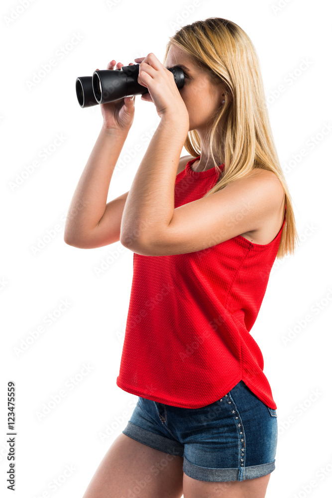 Blonde girl with binoculars Blonde girl with binoculars