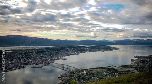 Sunset in the city of Tromso view from the top of Storsteinen in Norway.