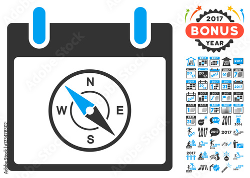 Compass Calendar Day pictograph with bonus calendar and time management pictogram set. Vector illustration style is flat iconic symbols, blue and gray colors, white background.