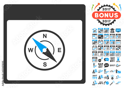 Compass Calendar Page icon with bonus calendar and time management design elements. Vector illustration style is flat iconic symbols, blue and gray colors, white background.