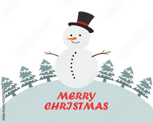Christmas snowman on snowy landscape. Vector illustration.