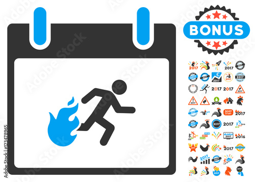 Fire Evacuation Man Calendar Day icon with bonus calendar and time management design elements. Vector illustration style is flat iconic symbols, blue and gray colors, white background.