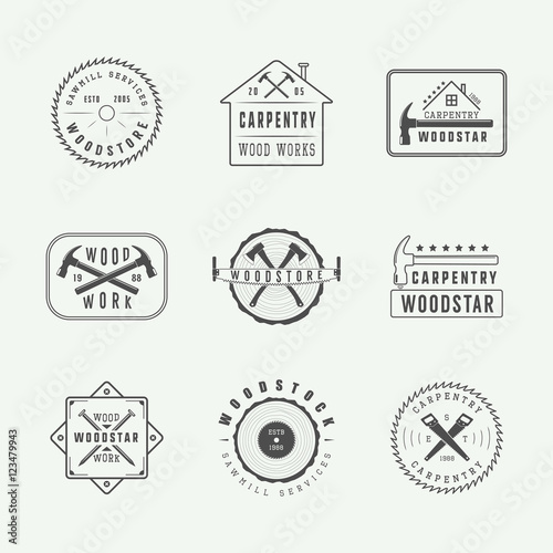 Set of vintage carpentry and mechanic labels, emblems and logo.