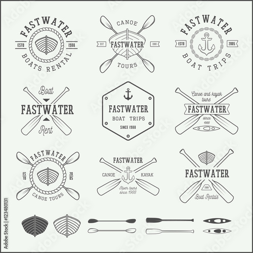 Set of vintage rafting logo, labels and badges. Graphic Art.