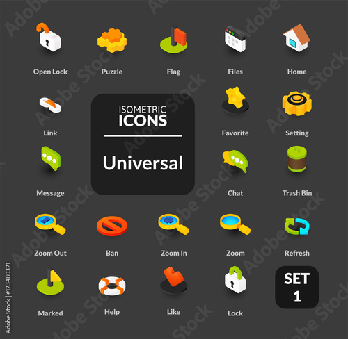 Color icons set in flat isometric illustration style, vector collection