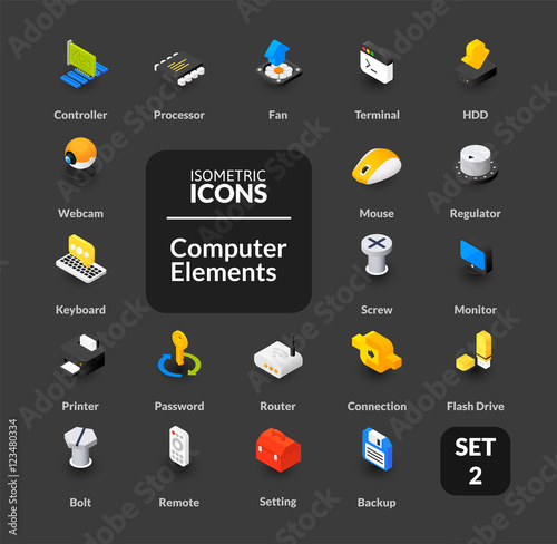 Color icons set in flat isometric illustration style, vector collection