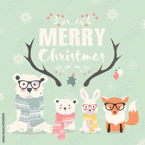 Merry Christmas lettering with hipster polar bears, fox and rabb photo