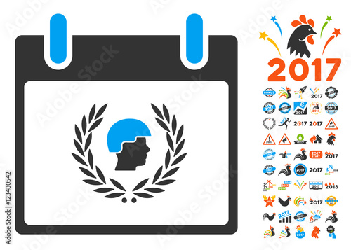 Soldier Laurel Wreath Calendar Day icon with bonus calendar and time management pictures. Vector illustration style is flat iconic symbols, blue and gray colors, white background.